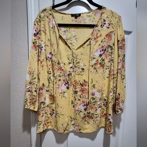 Paper Moon Yellow Floral Blouse XXL Boho Tie Neck Lightweight Top EUC
